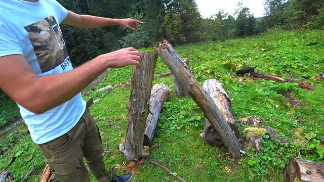 Выживание 24 часа в Карпатах Медведь Ловля форели острогой Шалаш из бревен смотреть онлайн