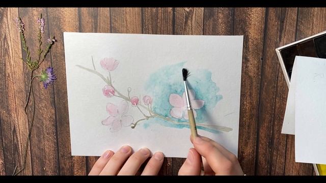 Как легко нарисовать цветущую веточку вишни акварелью. Акварель для начинающих. смотреть онлайн
