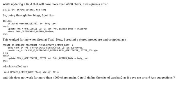 Databases: More than 4000 chars gives string literal too long error on oracle смотреть онлайн