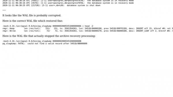 Databases: postgres: WAL ends before end of online backup