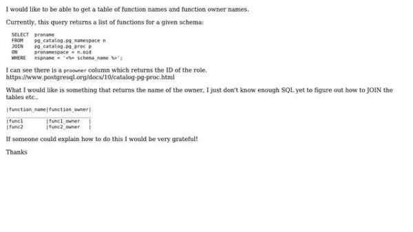Databases: Postgres get function owner