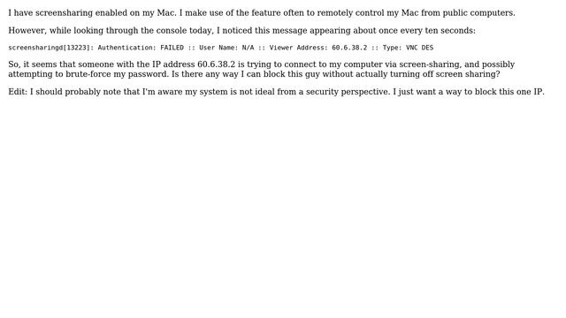 Apple: How do I stop this person (IP address) from trying to connect to my Mac via screensharing? смотреть онлайн