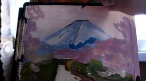 Как нарисовать весенний пейзаж с сакурой и горой Фудзияма