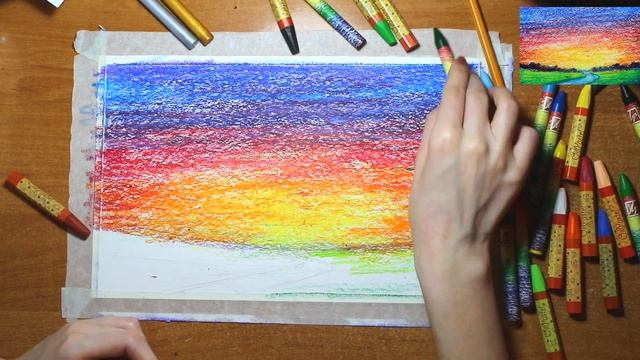 Рисуем закат восковыми карандашами. Урок рисования. смотреть онлайн