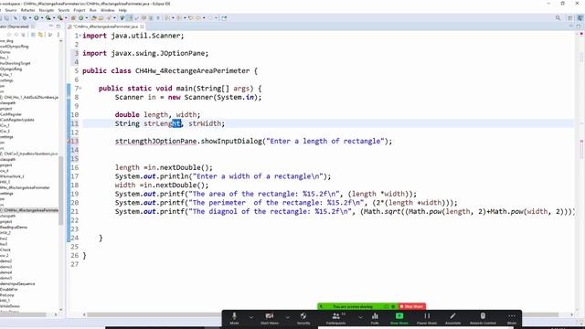 Java ,CH 4, Input length and width from inputbox, display area, perimeter and diagonal Pythagorea смотреть онлайн