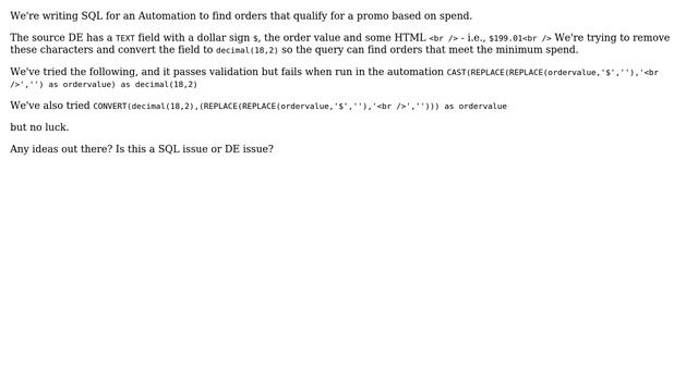 Salesforce: Possible to REPLACE/REPLACE and then CAST a DE value in a SQL query? смотреть онлайн