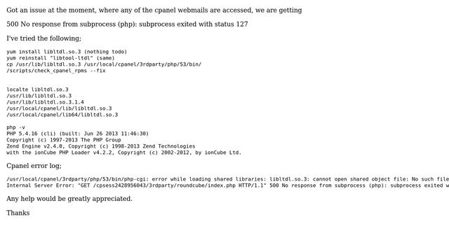 DevOps & SysAdmins: 500 No Response From Subprocess (php): Subprocess Exited With Status 127
