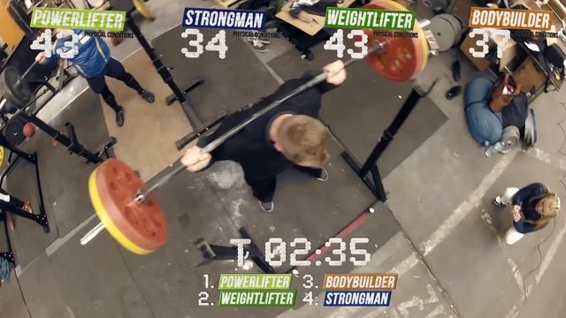 Powerlifter VS Strongman VS Bodybuilder VS Weightlifter - EPIC Squat Battle! смотреть онлайн