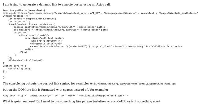 Axios get request - img src link response format - / are being converted to spaces смотреть онлайн
