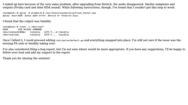 Unix & Linux: PulseAudio not recognizing Intel HDA after upgrading to Debian testing (Buster) смотреть онлайн