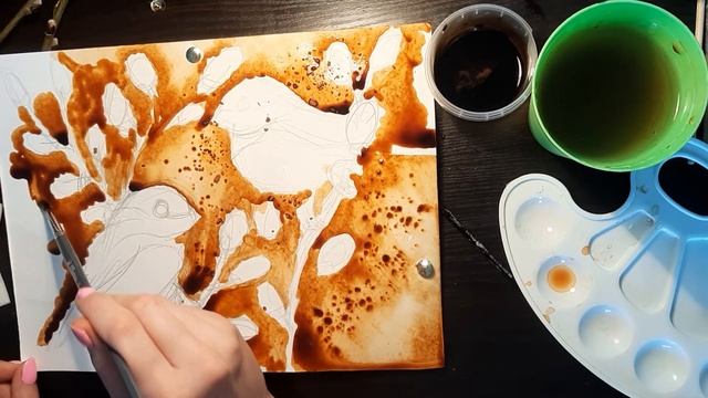 Рисование чаем и кофе птицы на вербе смотреть онлайн