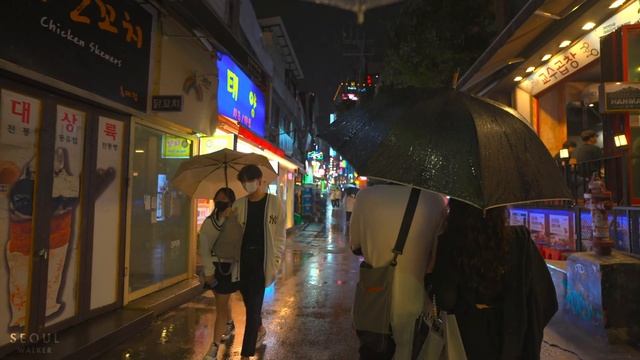 Rainy Nght Hongdae Street in Seoul | Rain Drops | Umbrella Sounds 4K HDR смотреть онлайн