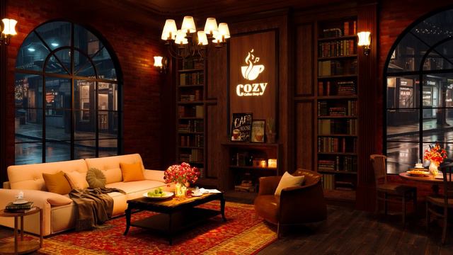 Rainy Night & Cozy Coffee Shop Ambience | Smooth Piano Jazz Music for Study, Work, Sleep смотреть онлайн