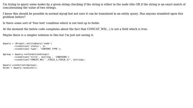 Drupal: Concatenate two fieds in an EntityQuery condition смотреть онлайн