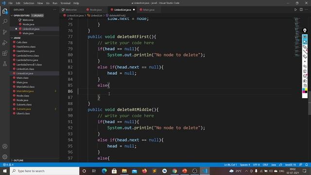 Delete node at first, middle and end in the Linked List in JAVA смотреть онлайн