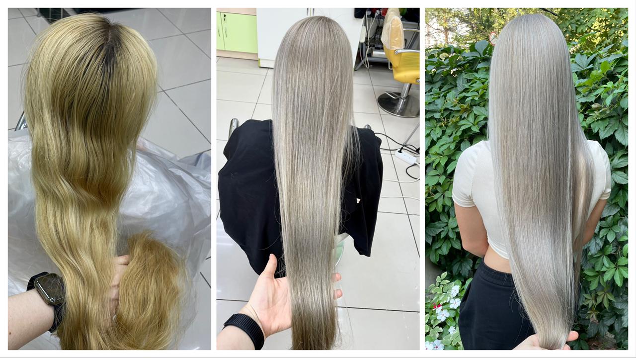 Холодный блондин на очень длинных волосах. Из желтого оттенка в пепельный блонд без обесцвечивания ? смотреть онлайн