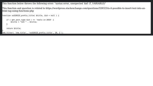 Wordpress: syntax error, unexpected '$id' (T_VARIABLE) - where is the issue though? смотреть онлайн