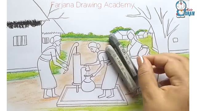 How to draw scenery of Take water from Tube well step by step смотреть онлайн