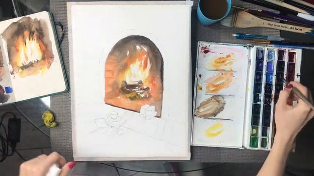 Рисуем камин акварелью. Часть 2. смотреть онлайн