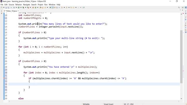 Java 10: Count the number of digits in a string input using the charAt() method using for loops смотреть онлайн
