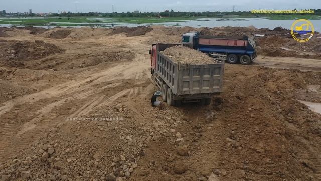 Hyundai Scania Daewoo dump truck transport soil to pour fill & Shantui dozer pushing hard the soil смотреть онлайн