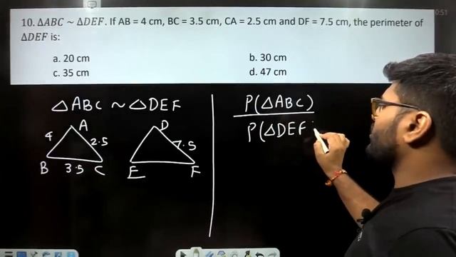 ∆ABC ~ ∆DEF. If AB = 4 cm, BC = 3.5 cm, CA = 2.5 cm and DF = 7.5 cm, the perimeter of ∆DEF is:a. 20 смотреть онлайн