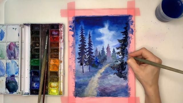 Art relaxation. How to draw magical landscape step by step. Drawing night landscape watercolor. смотреть онлайн