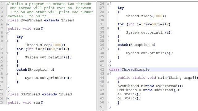 program to create two threads one thread print even no. and other print odd no. between 1 to 50. смотреть онлайн