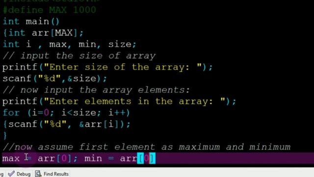 C language program to find max and min in an array. смотреть онлайн