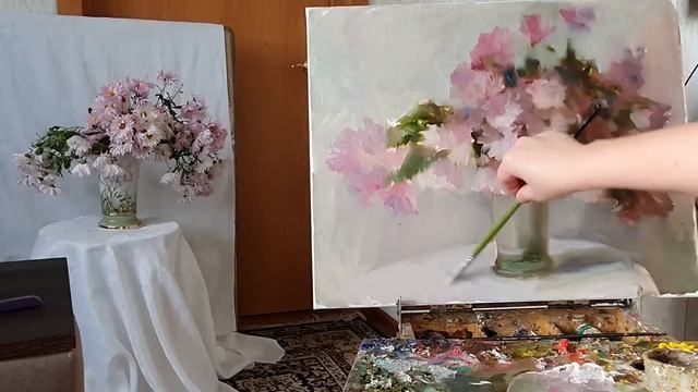 Хризантемы. Живопись маслом. смотреть онлайн