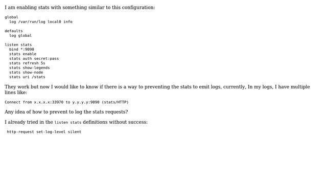 HAProxy, how to disable logs for the stats endpoint смотреть онлайн