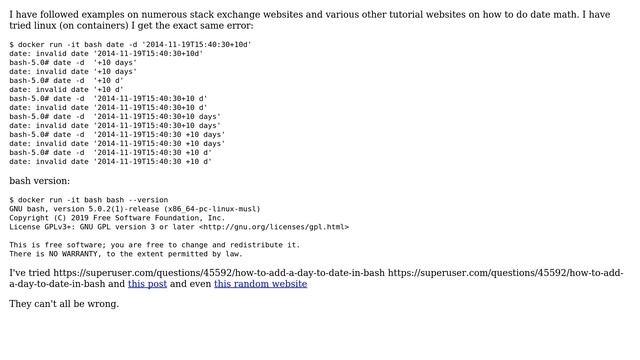 Unix & Linux: date addition in bash doesn't work in docker смотреть онлайн