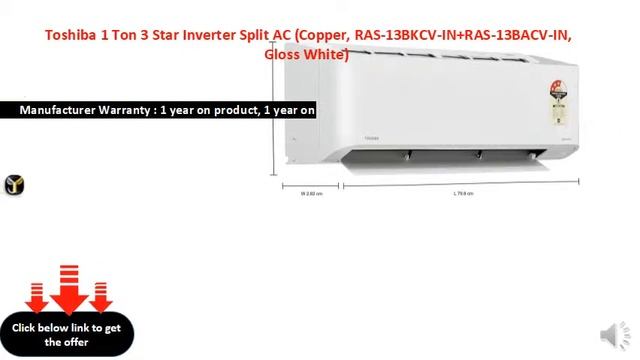 Toshiba 1 Ton 3 Star Inverter Split AC (Copper, RAS-13BKCV-IN+RAS-13BACV-IN, Gloss White)