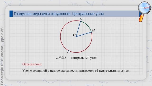 Геометрия 8 класс (Урок№26 - Градусная мера дуги окружности. Центральные углы.) смотреть онлайн