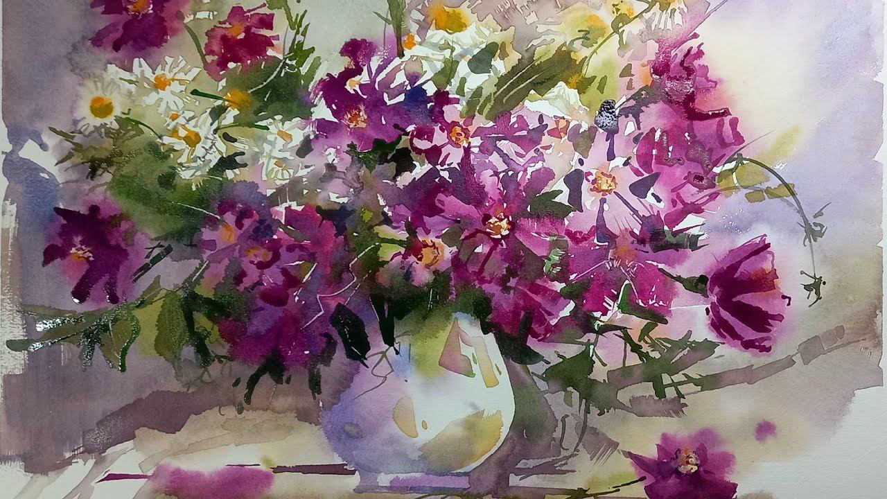 Букет полевых цветов, пишем акварельное впечатление смотреть онлайн