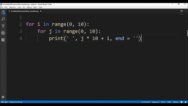print 0 to 99 column wise iterative in python ? смотреть онлайн