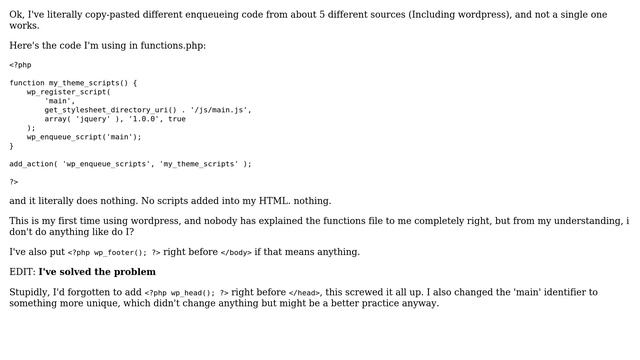 Wordpress: I can't enqueue my scripts - They literally aren't being added to my site смотреть онлайн
