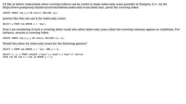 Databases: Postgres 11+: are covering indices (INCLUDE) useful for join/where conditions? смотреть онлайн