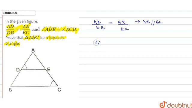 In the given figure, `(AD)/(DB)=(AE)/(EC) and angle ADE=angleACB`. Prove that смотреть онлайн