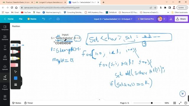 Longest K unique characters substring | JAVA | GFG POTD | Java Solution | Apna Coding смотреть онлайн