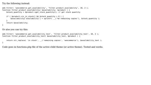 Change WooCommerce product availability In stock text by a custom text (2 Solutions!!) смотреть онлайн