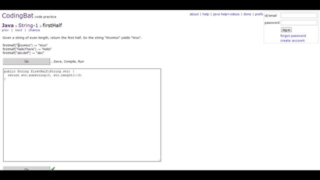 Coding Bat - Java String Tutorial firstHalf смотреть онлайн