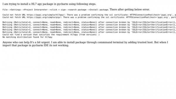 Not able to install packages in pycharm on windows 10, getting SSL failed to verify error