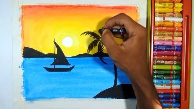 Night scenery drawing with a boat and coconut trees //oil pastel drawing tutorial for beginners... смотреть онлайн