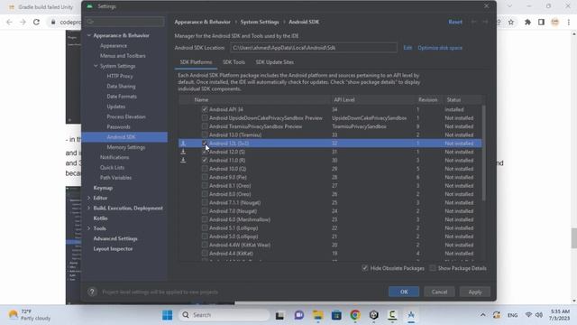 Selected SDK Directory Doesn't Exist. Unity