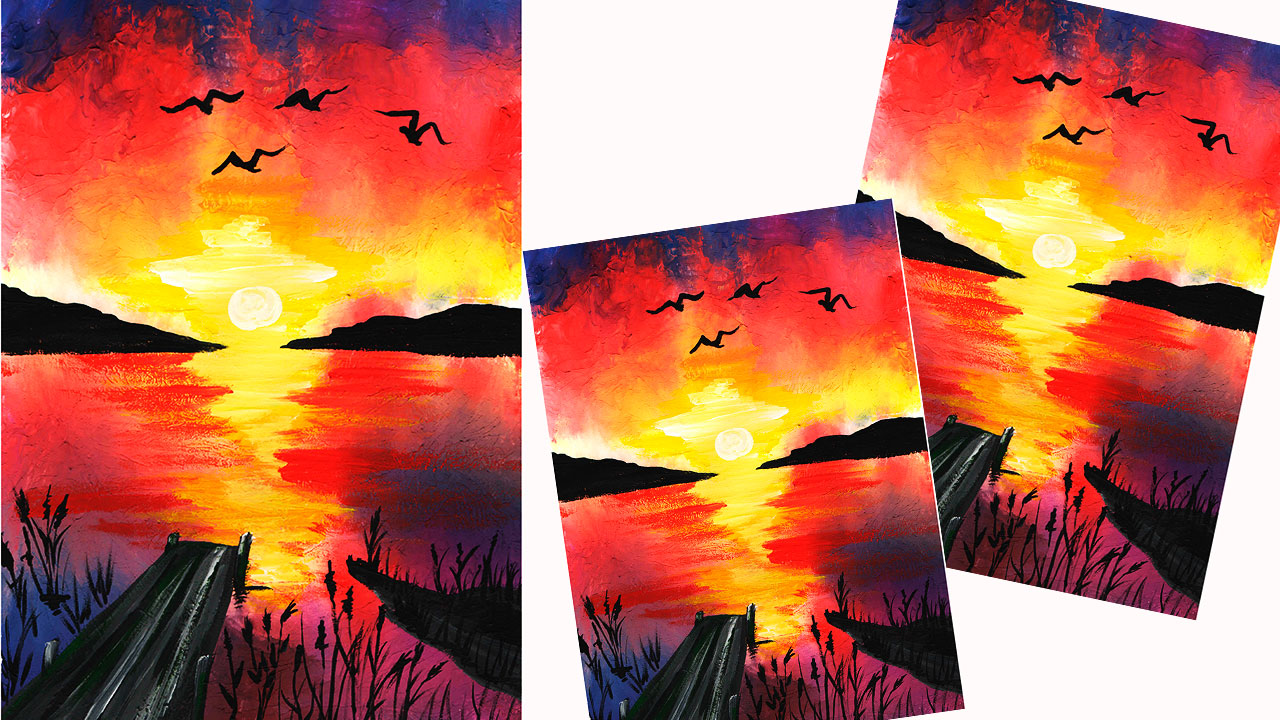 Нарисуем закат легко. Летний пейзаж гуашью. Правополушарное рисование. смотреть онлайн