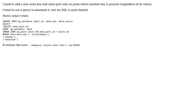 Wordpress: How do I insert a new meta key / value pair, but only if another meta key is present? смотреть онлайн