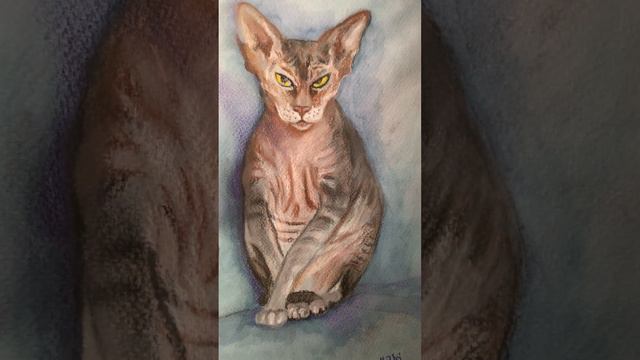 Sphinx cat portrait modern watercolor- pastel painting. Original gift for pet lovers. смотреть онлайн