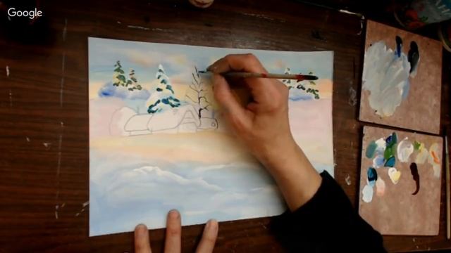 ДПТ. Урок 7. Две картины с зимним пейзажем на бумаге А -4 для рождественского подарка. смотреть онлайн